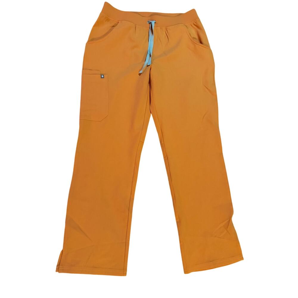 FIGS Women's Straight Leg Scrub Pants in Warm Orange with Blue Drawstring